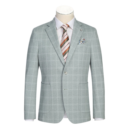 The Pellagio Light Green Men's Slim Fit Riserva Jacket PS26-9, styled with a white dress shirt, striped tie, and patterned pocket square, is displayed on a mannequin.