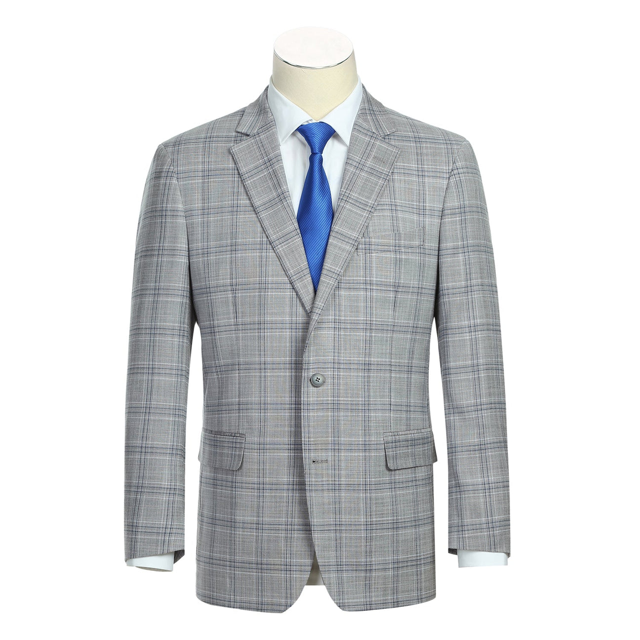 The Alessandro Vitello by Renoir Classic Fit Checked Suit Gray 293-23 is stylishly displayed on a mannequin, paired with a blue tie and white shirt.