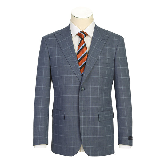 The Renoir Alessandro Vitello Slim Fit Wool Midnight Haze Suit 566-13 features notch lapels and a single-breasted design, paired with a white shirt and orange striped tie, shown on a headless mannequin. Crafted from premium wool blend for comfort and style.