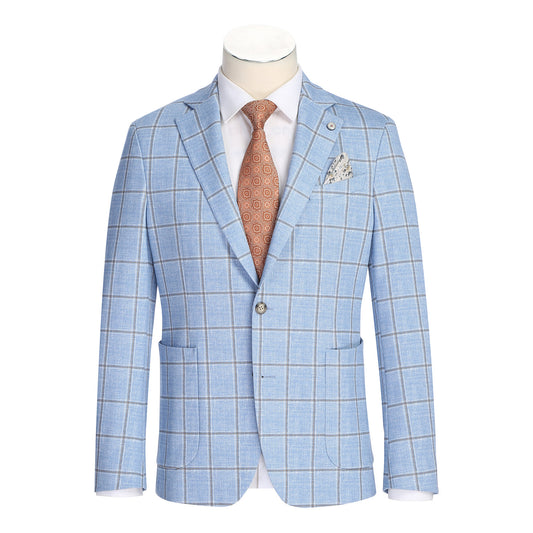 The Pellagio Light Blue Men's Slim Fit Riserva Jacket PS26-6 by Pellagio is styled with a white dress shirt, orange patterned tie, and patterned pocket square, shown on a headless mannequin.