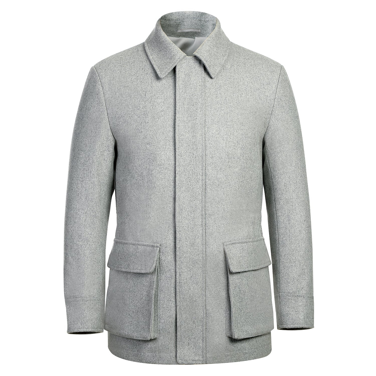 The ENGLISH LAUNDRY Gray Short Coat EL84-01-092 by English Laundry features a collar, single-breasted front buttons, and two large patch pockets in a wool-blend fabric.