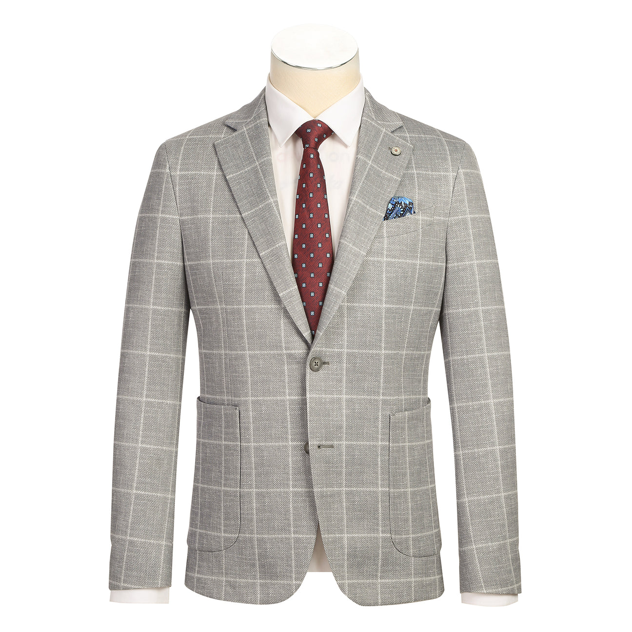 The Pellagio Men's Half Canvas Blazer Gray PS25-4 features a slim fit with a gray plaid pattern, displayed on a mannequin styled with a white shirt, red patterned tie, and blue pocket square.