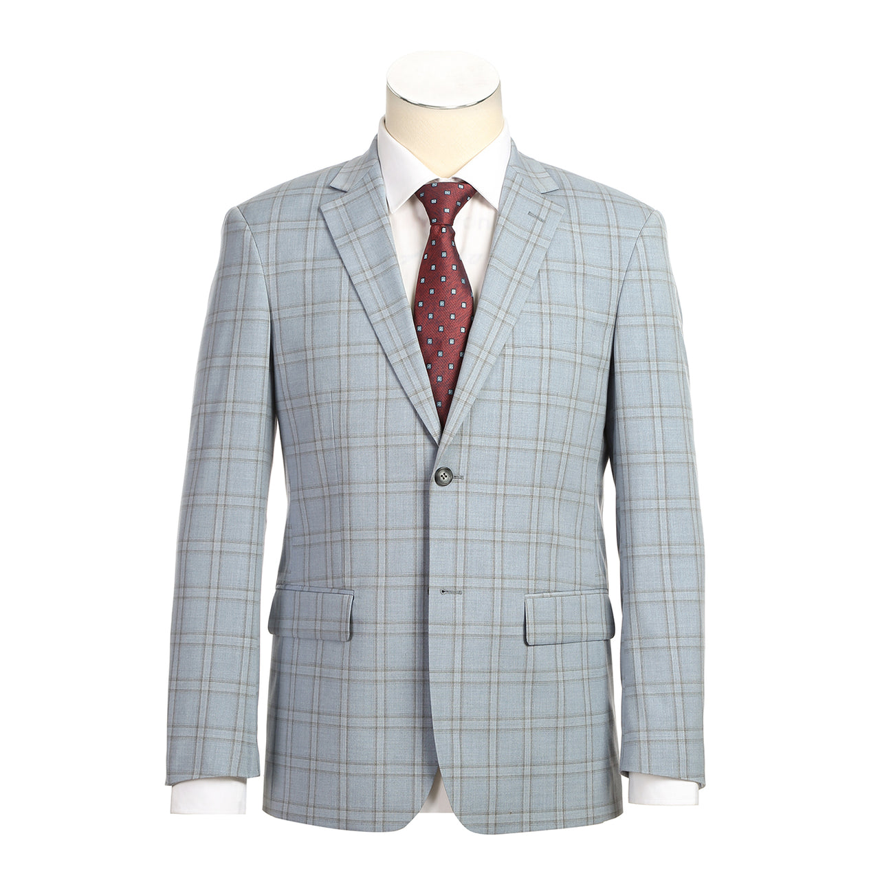 The Renoir Alessandro Vitello Blue 293-40 slim fit suit jacket, paired with a white shirt and red patterned tie, is elegantly displayed on a mannequin.