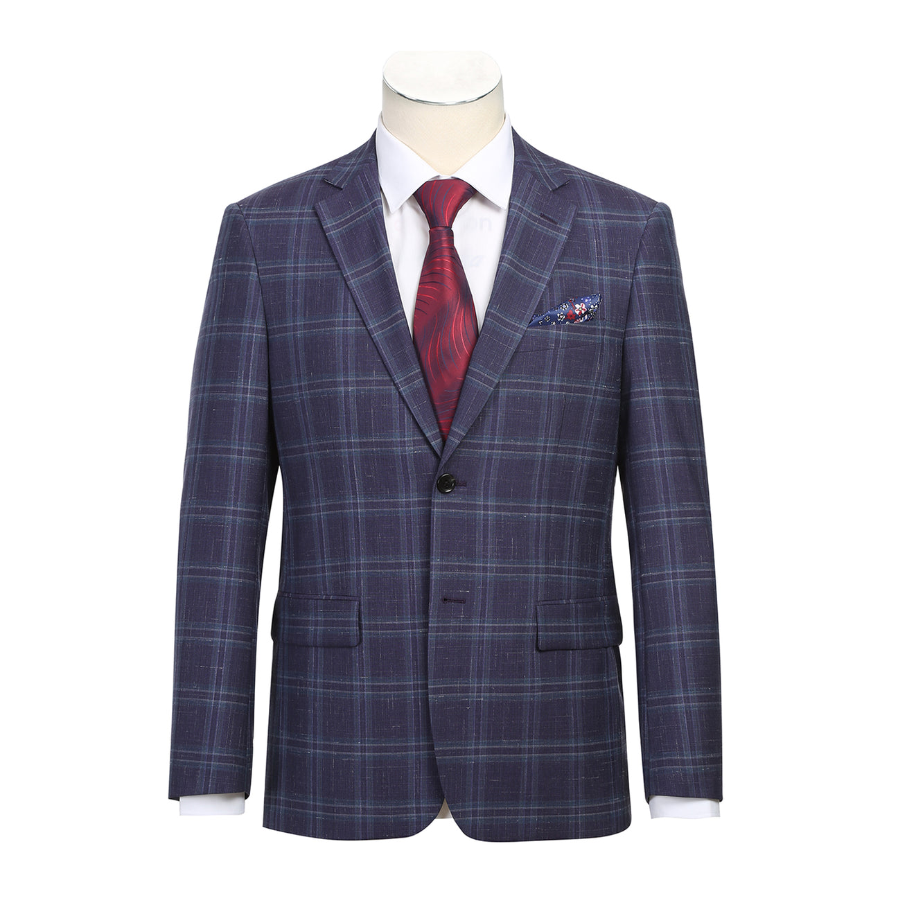 The Alessandro Vitello by Renoir New Slim Fit Wool Blazer Purple Blue 565-6 is displayed on a mannequin, highlighting its slim fit and single-breasted design. It includes a white shirt, red tie, pocket square, notch lapel, and two-button closure.