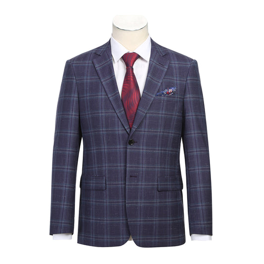 The Alessandro Vitello by Renoir New Slim Fit Wool Blazer Purple Blue 565-6 is displayed on a mannequin, highlighting its slim fit and single-breasted design. It includes a white shirt, red tie, pocket square, notch lapel, and two-button closure.