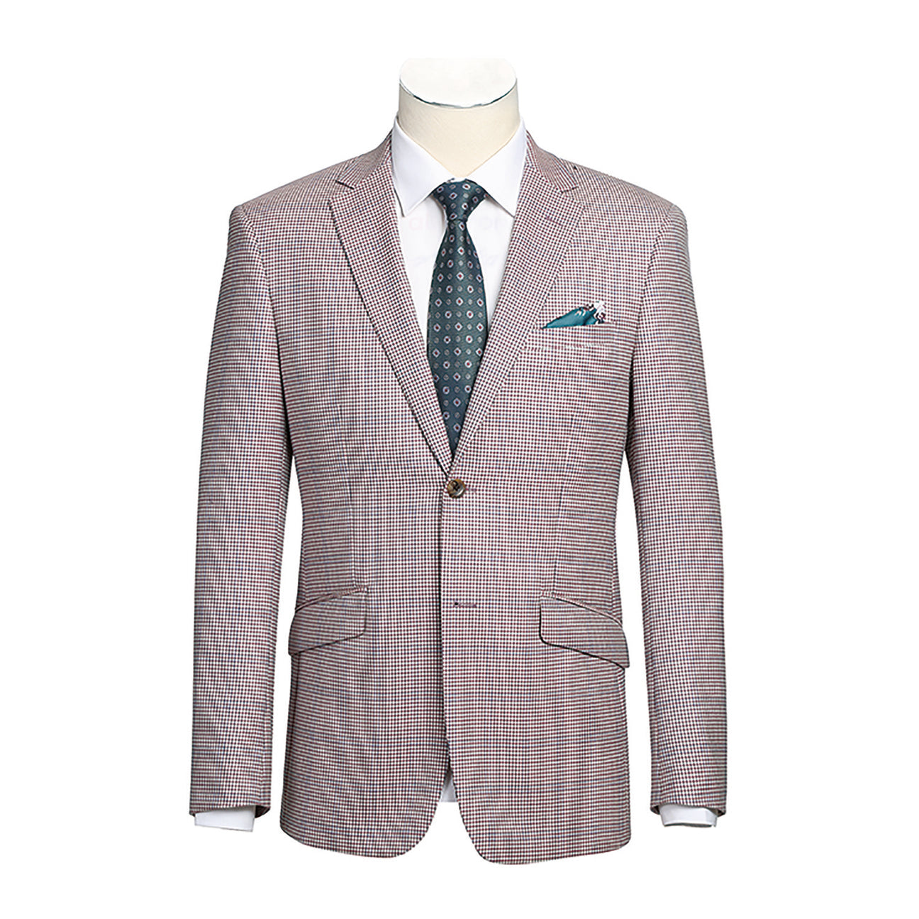 A mannequin displays the Alessandro Vitello by Renoir Slim Fit Wool Blazer in pink, crafted from 100% wool. It's styled with a white shirt, patterned black tie, and highlighted by a teal pocket square.