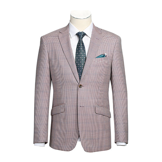 A mannequin displays the Alessandro Vitello by Renoir Slim Fit Wool Blazer in pink, crafted from 100% wool. It's styled with a white shirt, patterned black tie, and highlighted by a teal pocket square.