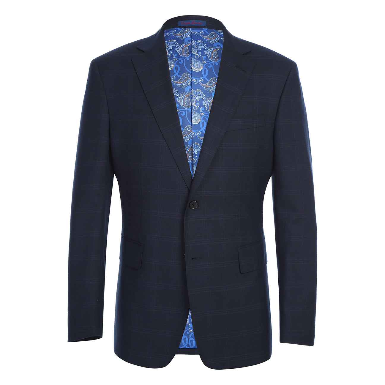 The ENGLISH LAUNDRY 2pc Suit Navy 32-55-410EL by English Laundry features a navy blue plaid blazer with single button closure, front pockets, and blue paisley inner lining in a comfy polyester-rayon-spandex blend, shown on a white background.