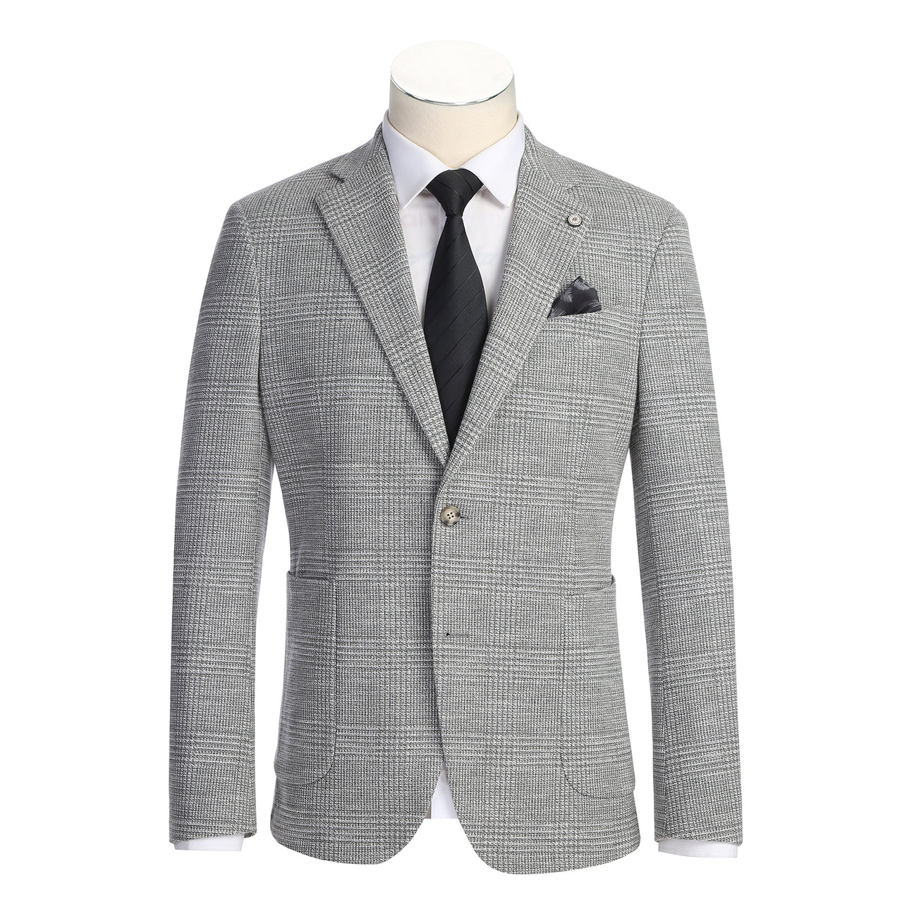 The Pellagio Light Gray Men's Slim Fit Riserva Jacket PS26-11 is styled on a mannequin with a white shirt, black tie, and black pocket square for a sleek look.