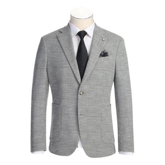 The Pellagio Light Gray Men's Slim Fit Riserva Jacket PS26-11 is styled on a mannequin with a white shirt, black tie, and black pocket square for a sleek look.