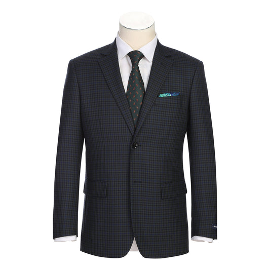 The Alessandro Vitello by Renoir New Slim Fit Wool Green Blazer 567-4 from Renoir features a modern silhouette, notch lapel, and two-button closure, styled here with a matching tie and white shirt.
