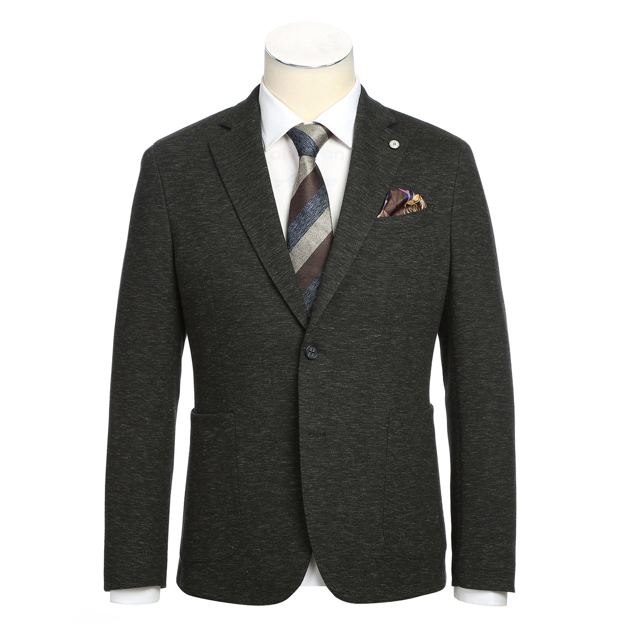 Displayed on a mannequin, the Pellagio Dark Brown Men's Half Canvas Blazer PF24-3 features a classic notched lapel and is paired with a striped tie, white shirt, and patterned pocket square.