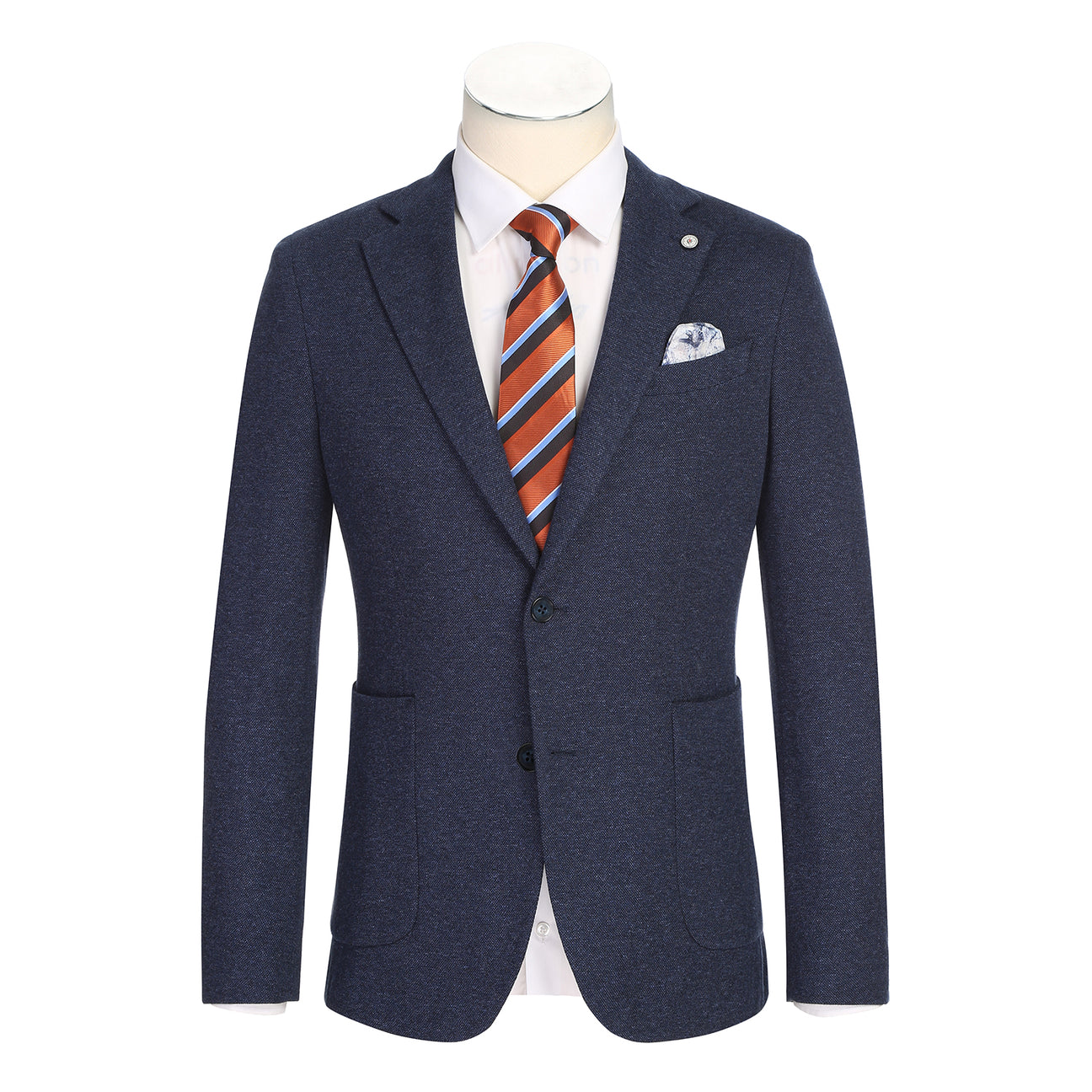 The Pellagio Men's Slim Fit Riserva Jacket Navy PF25-9 is styled over a white dress shirt with a striped orange and blue tie and patterned pocket square, displayed on a mannequin.