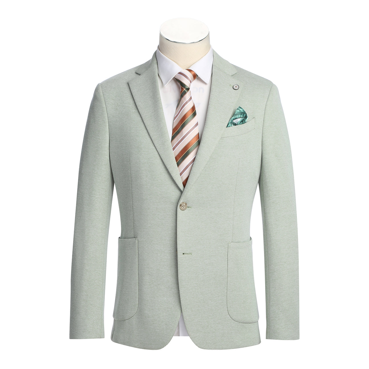 The Pellagio Light Green Men's Slim Fit Riserva Jacket PS26-3, styled on a mannequin with a white shirt, striped tie, and green pocket square, offers a sharp and modern look from the Pellagio brand.