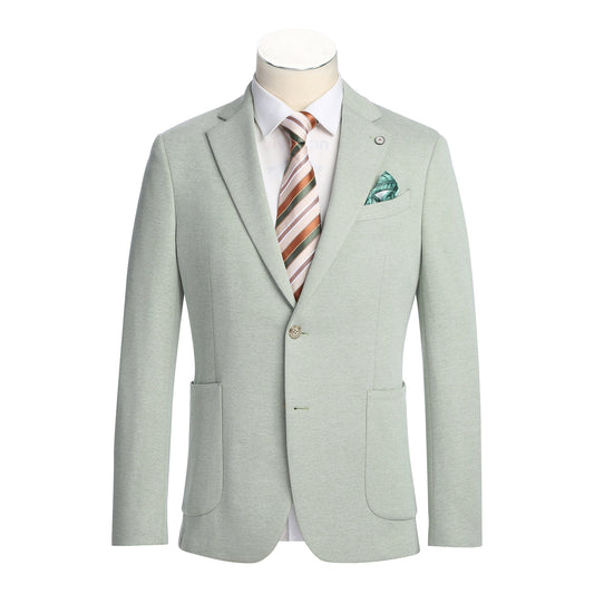 The Pellagio Light Green Men's Slim Fit Riserva Jacket PS26-3, styled on a mannequin with a white shirt, striped tie, and green pocket square, offers a sharp and modern look from the Pellagio brand.