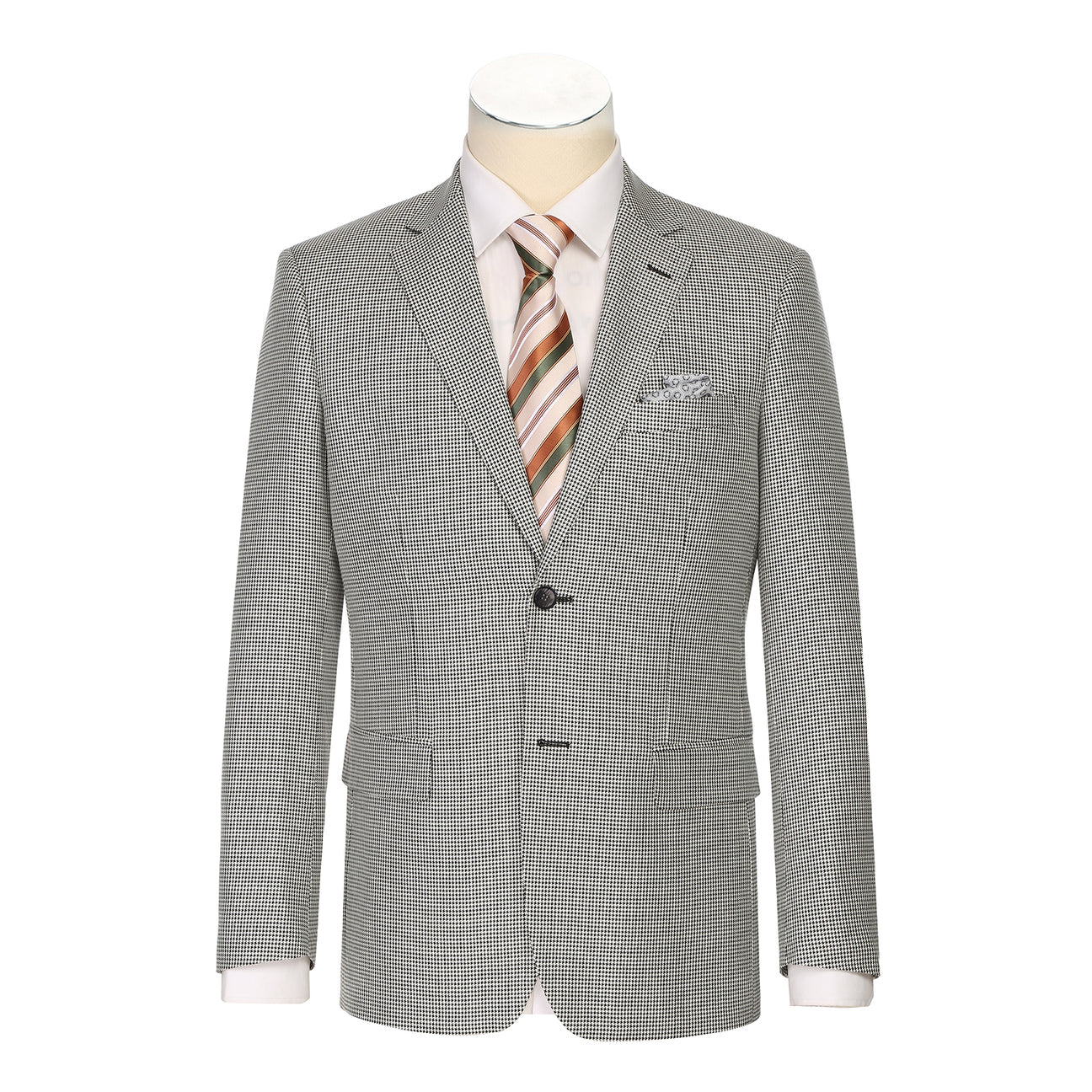 The Alessandro Vitello by Renoir New Slim Fit Wool Off White Black Blazer 565-20 by Renoir, shown with a white dress shirt and striped tie on a headless mannequin.