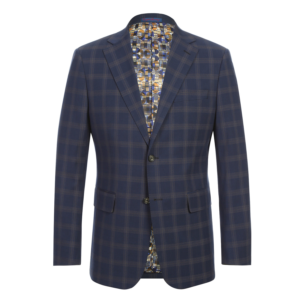The ENGLISH LAUNDRY TR Suit 12-58-410EL by English Laundry is a navy blue plaid blazer with notch lapels, two buttons, flap pockets, and a colorful patterned inner lining shown in a front-facing view.