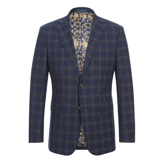 The ENGLISH LAUNDRY TR Suit 12-58-410EL by English Laundry is a navy blue plaid blazer with notch lapels, two buttons, flap pockets, and a colorful patterned inner lining shown in a front-facing view.