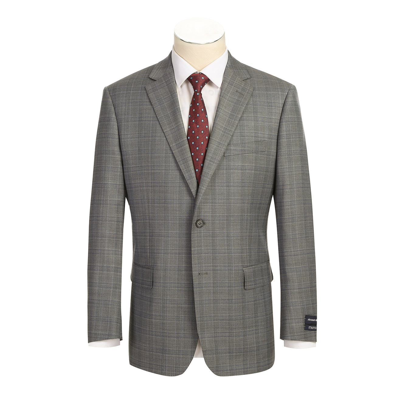The Renoir Alessandro Vitello by Renoir Classic Fit Wool Suit 566-12, a gray plaid men's two-button jacket with notch lapels, is styled on a mannequin with a white dress shirt and red patterned tie.