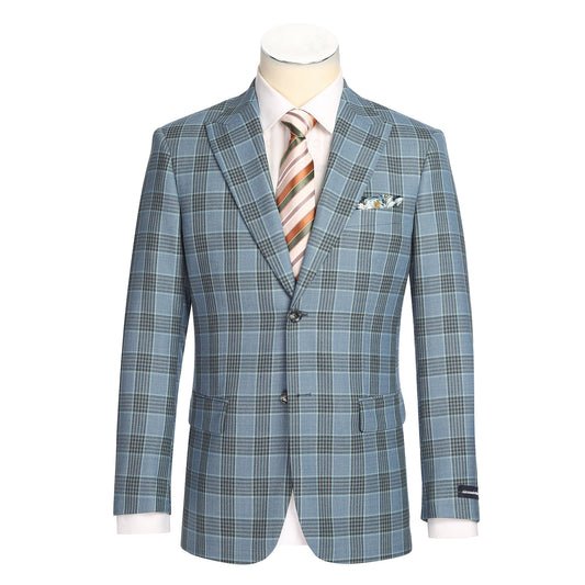 The Alessandro Vitello by Renoir New Slim Fit Sport Coat 565-14 features a blue plaid pattern, single-breasted two-button closure, notch lapels, chest pocket square, and flap pockets—shown on a mannequin with white shirt and striped tie.