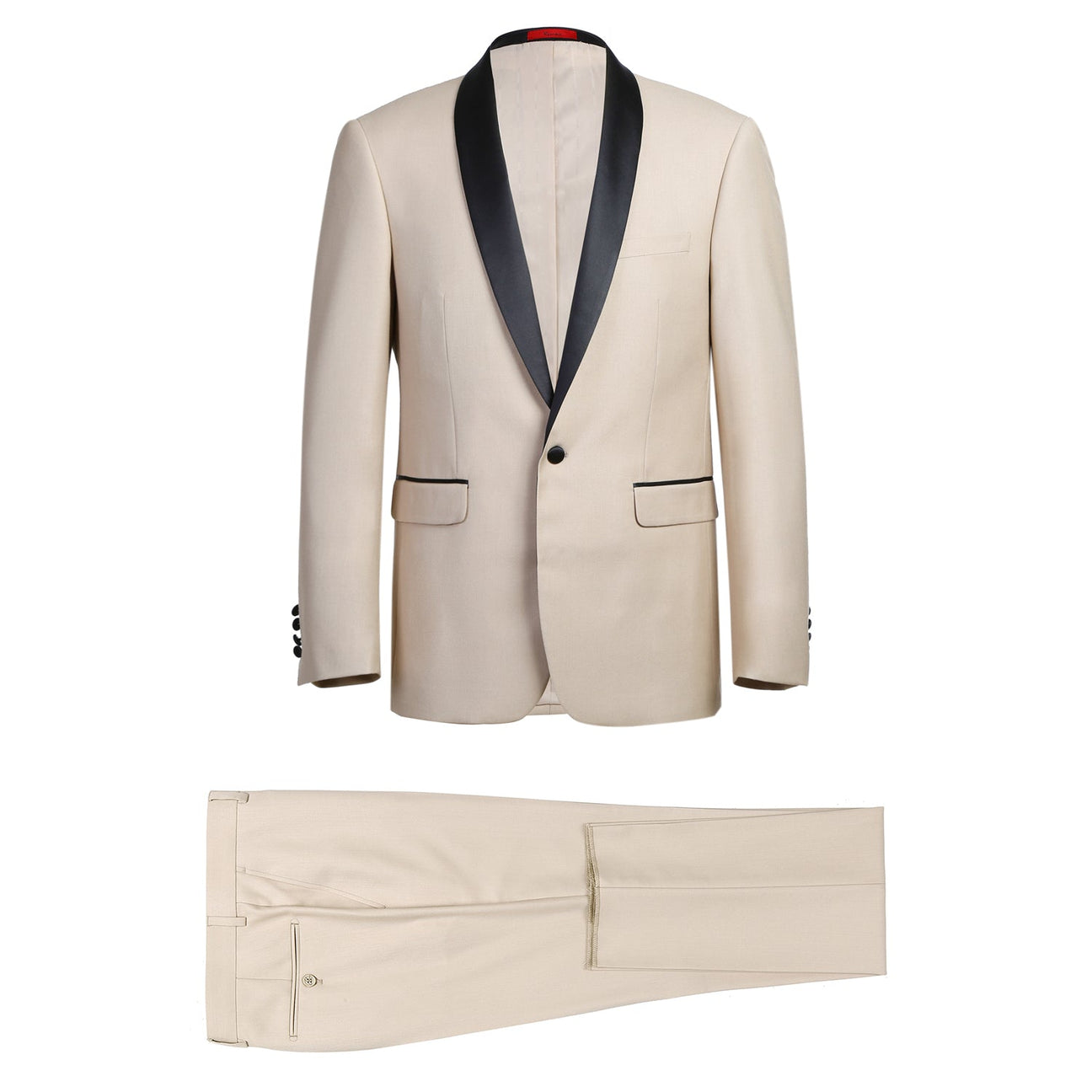 The Alessandro Vitello by Renoir Slim Fit 2-Piece Shawl Lapel Beige Tuxedo Suit 201-3 features a slim fit, black shawl lapel, single-breasted jacket with front pockets, and matching trousers displayed on a white background.