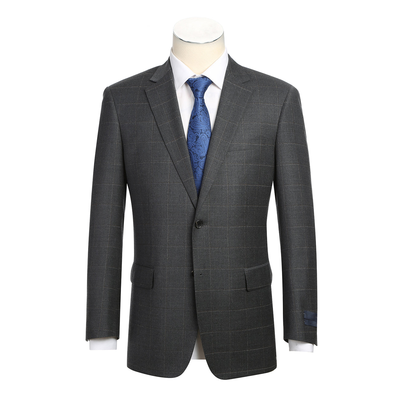 The Renoir Alessandro Vitello Classic Fit Wool Gray Suit 566-6 features a dark gray plaid jacket, paired with a white shirt and blue patterned tie, shown on a mannequin—ideal for those seeking a timeless men's single-breasted suit.