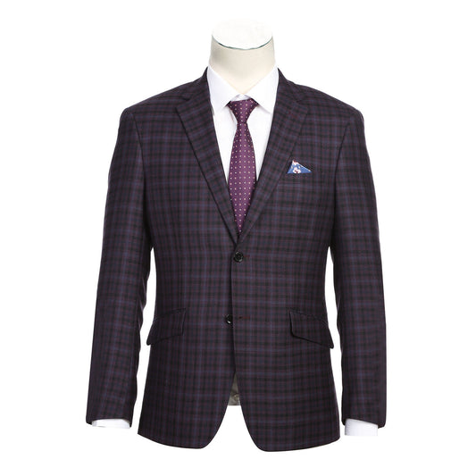 A mannequin showcases the Alessandro Vitello by Renoir Slim Fit Wool Blend Checked Dark Blue Blazer, styled with a white dress shirt, purple patterned tie, and blue pocket square.