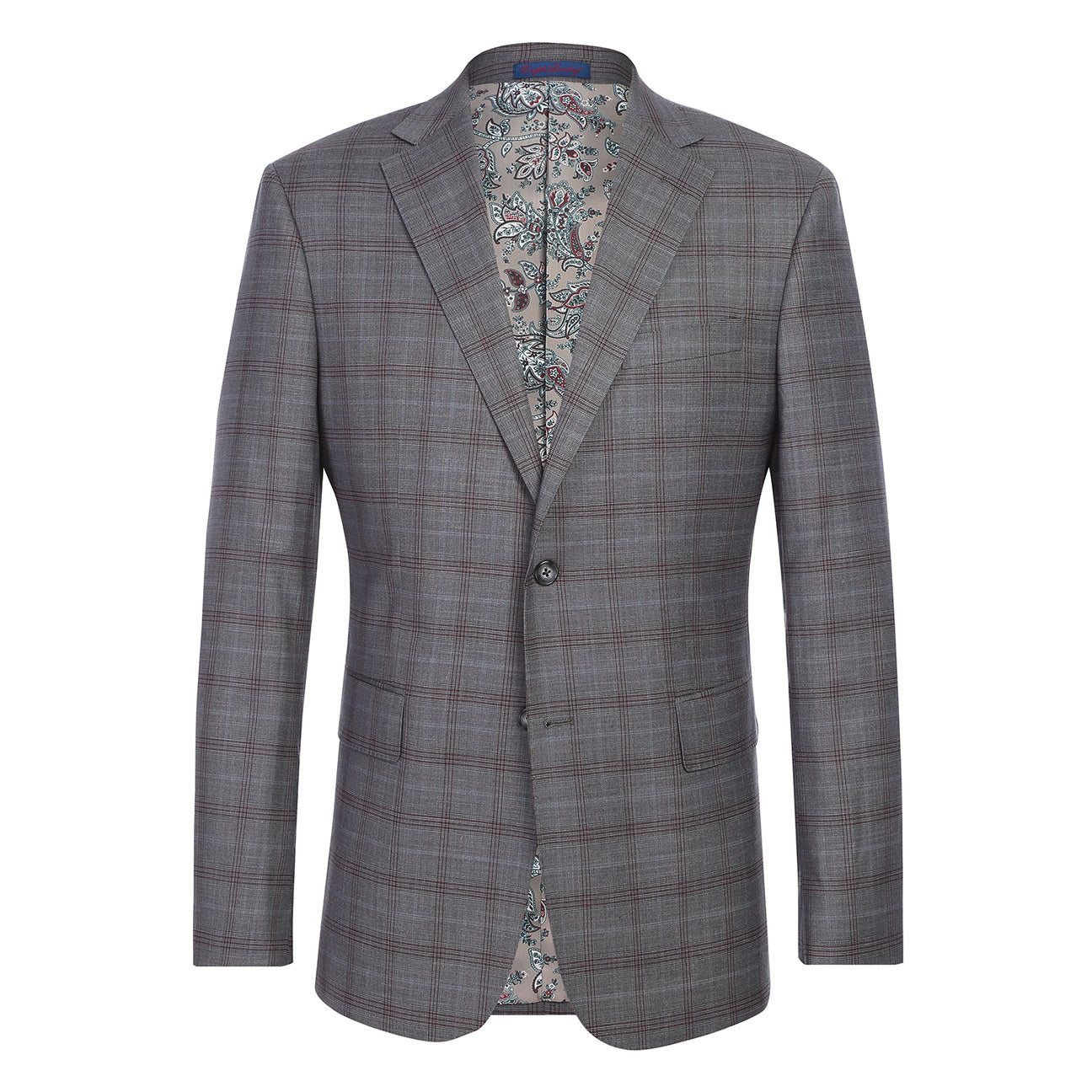 A man models the ENGLISH LAUNDRY 2pc Suit by English Laundry, featuring a gray plaid design with patterned inner lining. Close-ups highlight the fabric, buttons, and lining. Text notes its comfy polyester-rayon blend for style and ease.