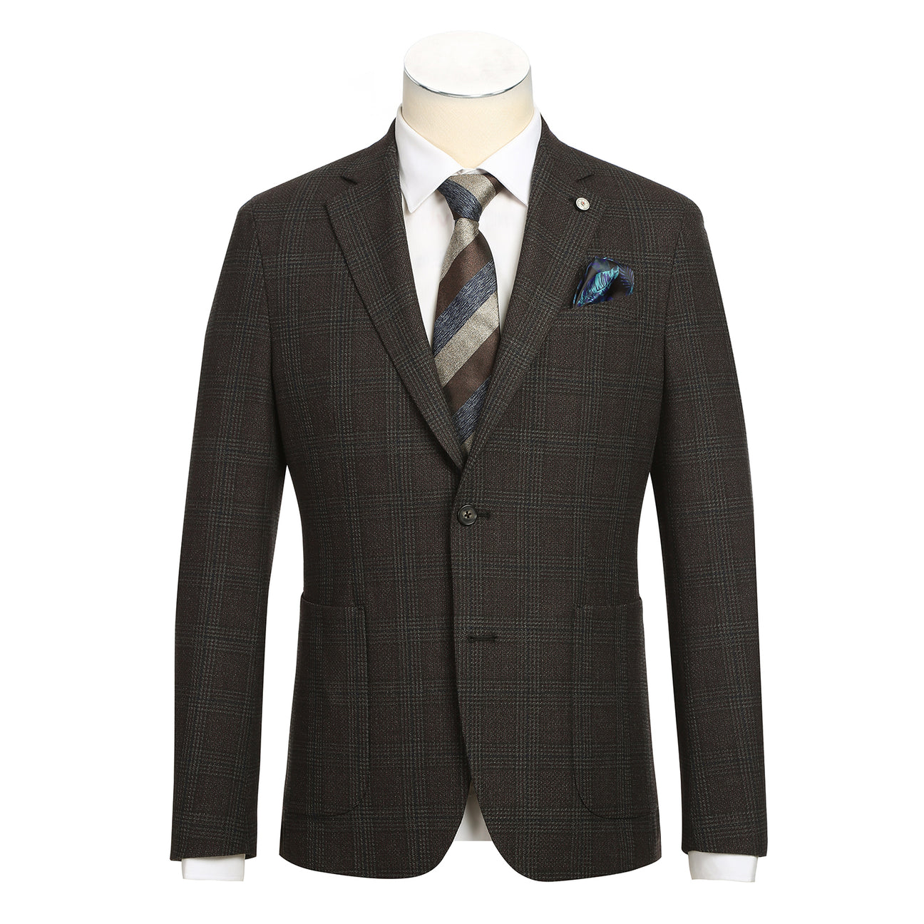 The Pellagio Dark Brown Men's Half Canvas Blazer PF24-13, with a notched lapel, is displayed on a mannequin, paired with a white shirt and striped tie. The blue pocket square adds elegance to this slim fit single-breasted blazer from Pellagio.