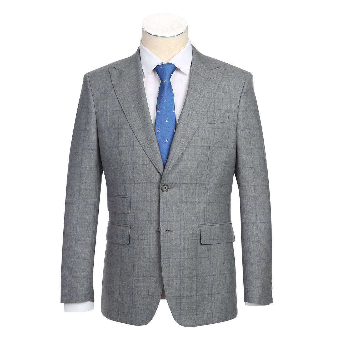 The ENGLISH LAUNDRY Wool Suit EL92-55-092 by English Laundry is a gray plaid wool slim-fit jacket with notch lapels, two buttons, and flap pockets, displayed over a white shirt and blue tie on a mannequin.