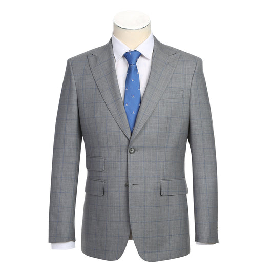 The ENGLISH LAUNDRY Wool Suit EL92-55-092 by English Laundry is a gray plaid wool slim-fit jacket with notch lapels, two buttons, and flap pockets, displayed over a white shirt and blue tie on a mannequin.