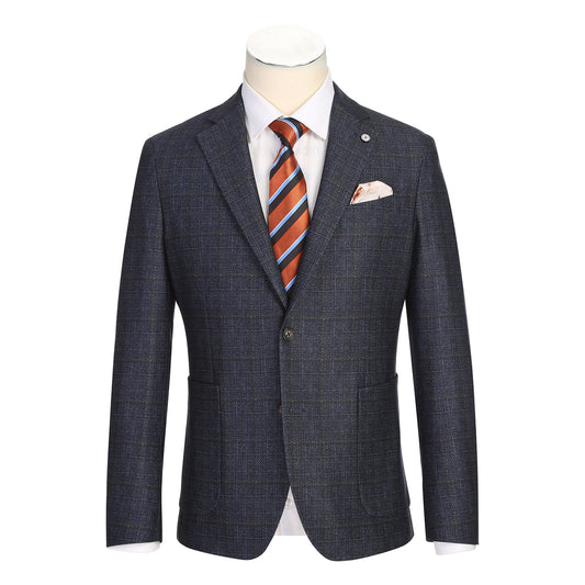 The Pellagio Men's Slim Fit Riserva Jacket Navy PF25-3 is styled on a mannequin with a white dress shirt, orange and navy striped tie, and beige pocket square.