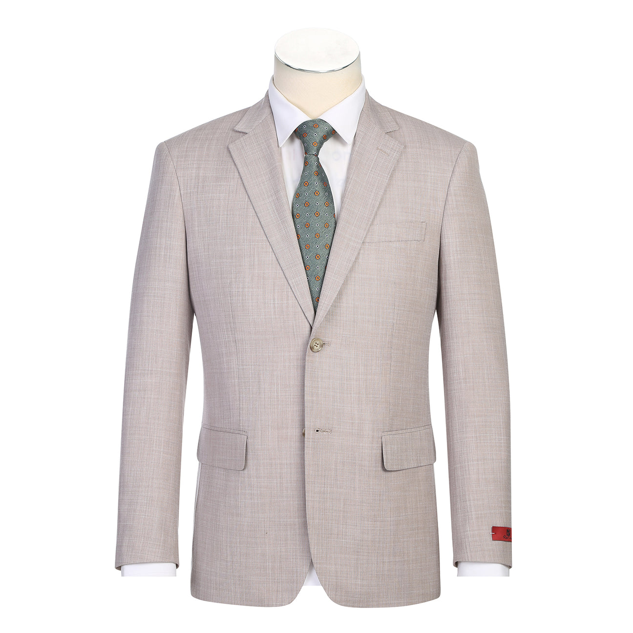 The Alessandro Vitello by Renoir New Slim Fit Suit 203-12 features a light beige, single-breasted jacket with notch lapels, two front buttons, flap pockets, and is styled with a teal patterned tie over a white shirt by Renoir.