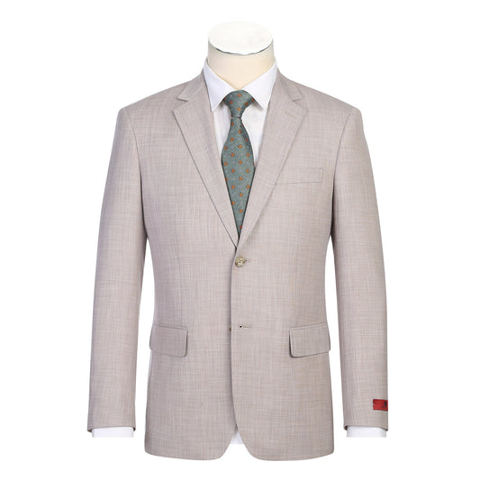 The Alessandro Vitello by Renoir New Slim Fit Suit 203-12 features a light beige, single-breasted jacket with notch lapels, two front buttons, flap pockets, and is styled with a teal patterned tie over a white shirt by Renoir.