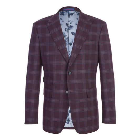 The English Laundry 2pc Suit (Purple, style 32-69-702EL) features a single-breasted jacket with two buttons, notched lapels, flap pockets, and a light blue floral lining.