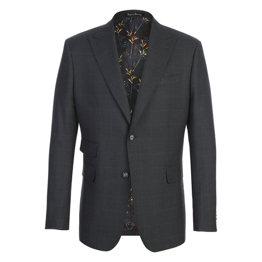 The ENGLISH LAUNDRY 2pc Wool Suit Olive EL22-58-341 by English Laundry features a slim fit jacket in olive wool with two buttons, subtle patterning, and a distinctive inner lining with colorful floral designs.
