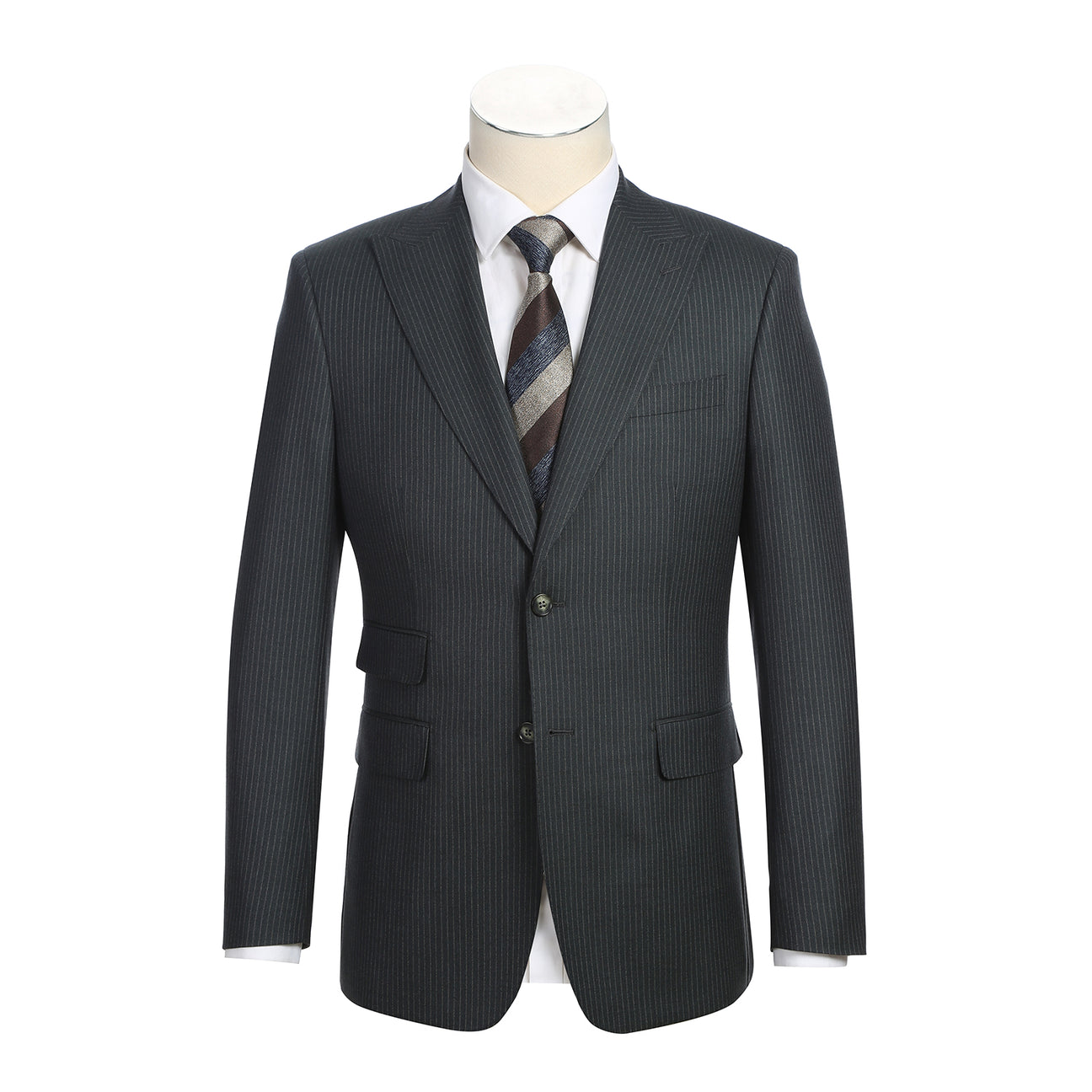 The ENGLISH LAUNDRY Black Stripe Suit EL12-33-341 by English Laundry is shown on a headless mannequin, styled with a white dress shirt and striped tie against a plain background.