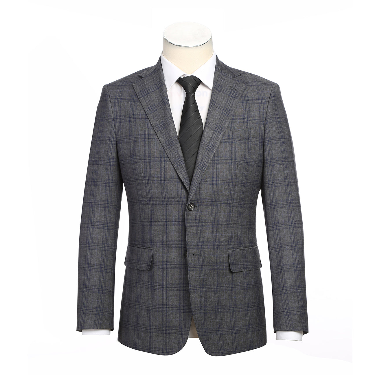The ENGLISH LAUNDRY Gray Check Suit 22-57-500EL by English Laundry, a slim fit plaid jacket with a single black button, is shown over a white shirt and black tie on a headless mannequin against a white background.