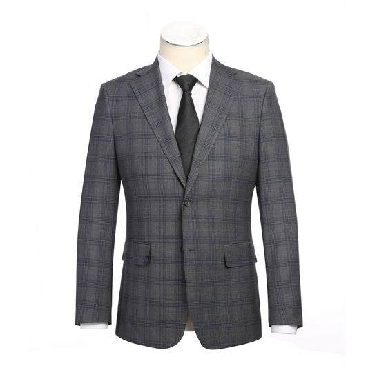The ENGLISH LAUNDRY Gray Check Suit 22-57-500EL by English Laundry, a slim fit plaid jacket with a single black button, is shown over a white shirt and black tie on a headless mannequin against a white background.