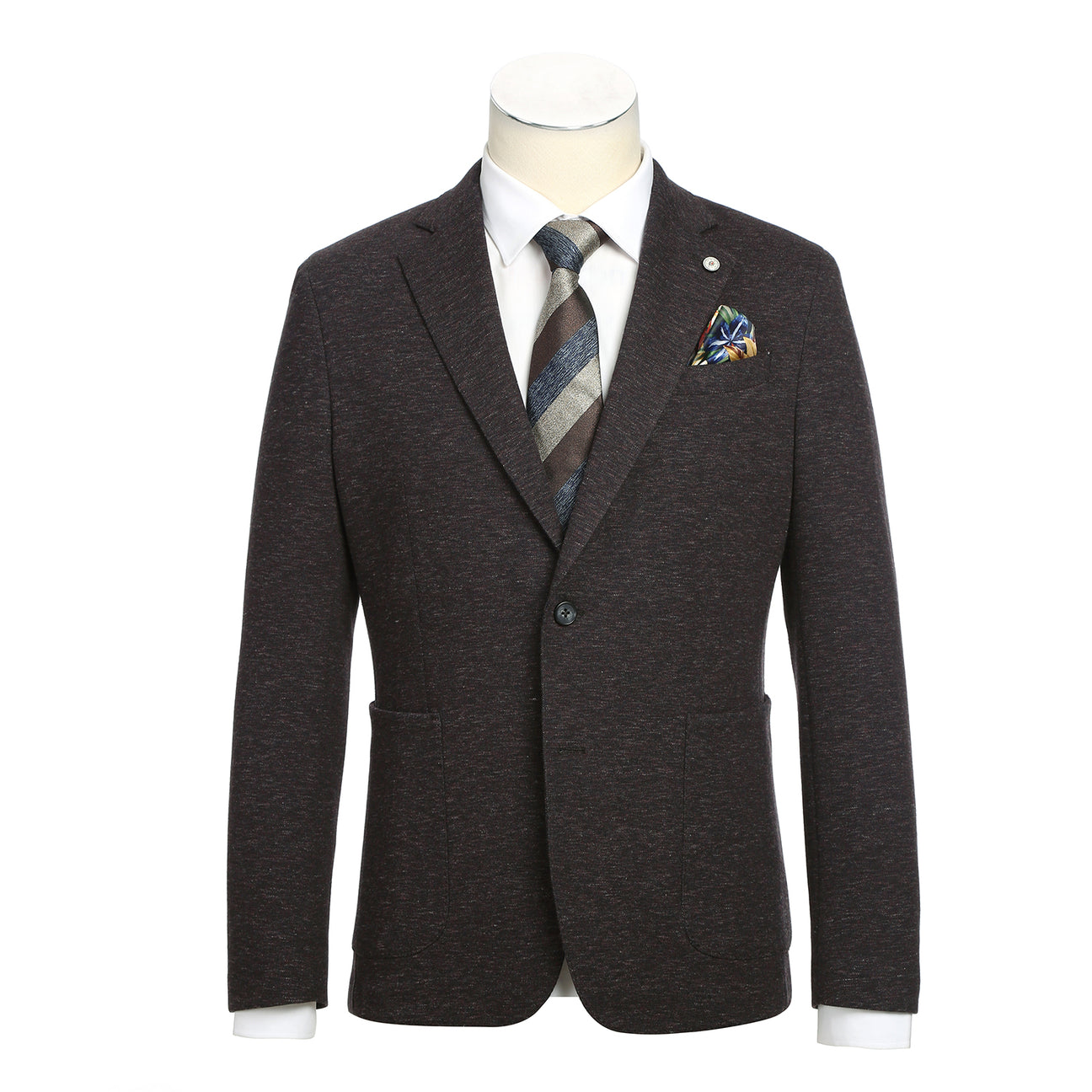 A mannequin dressed in the Pellagio Dark Gray Men's Half Canvas Blazer PF24-2, featuring a notched lapel and two buttons, over a white shirt, striped tie, and colorful pocket square.