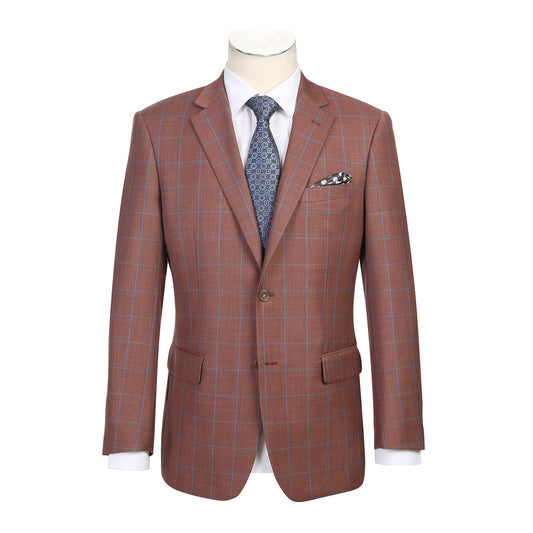 The mannequin features the Alessandro Vitello by Renoir Classic Fit Wool Blazer in brown, crafted from a refined wool blend, paired with a crisp white shirt, blue patterned tie, and pocket square.