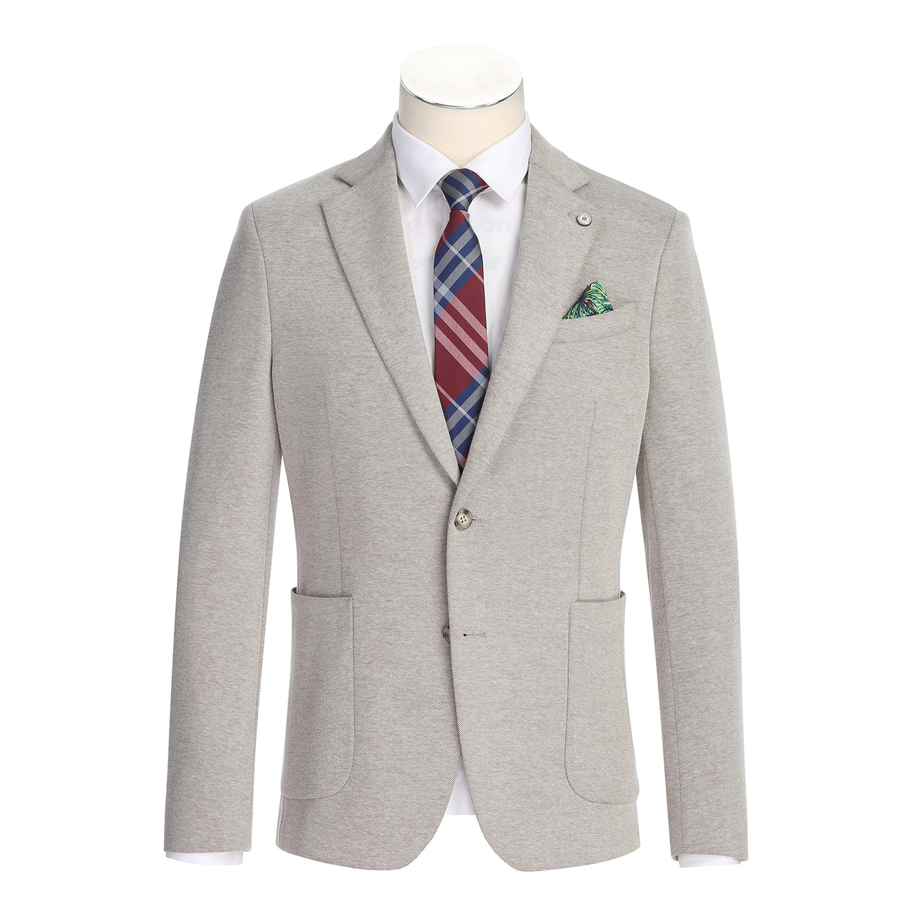 The Pellagio Camel Men's Slim Fit Riserva Jacket PS26-1 by Pellagio, in a sleek single-breasted design with two buttons, is styled on a mannequin with a white shirt, red-blue plaid tie, and green pocket square.