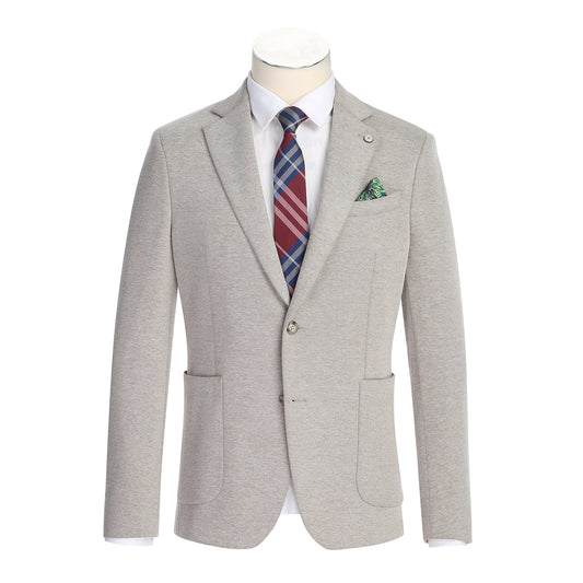 The Pellagio Camel Men's Slim Fit Riserva Jacket PS26-1 by Pellagio, in a sleek single-breasted design with two buttons, is styled on a mannequin with a white shirt, red-blue plaid tie, and green pocket square.