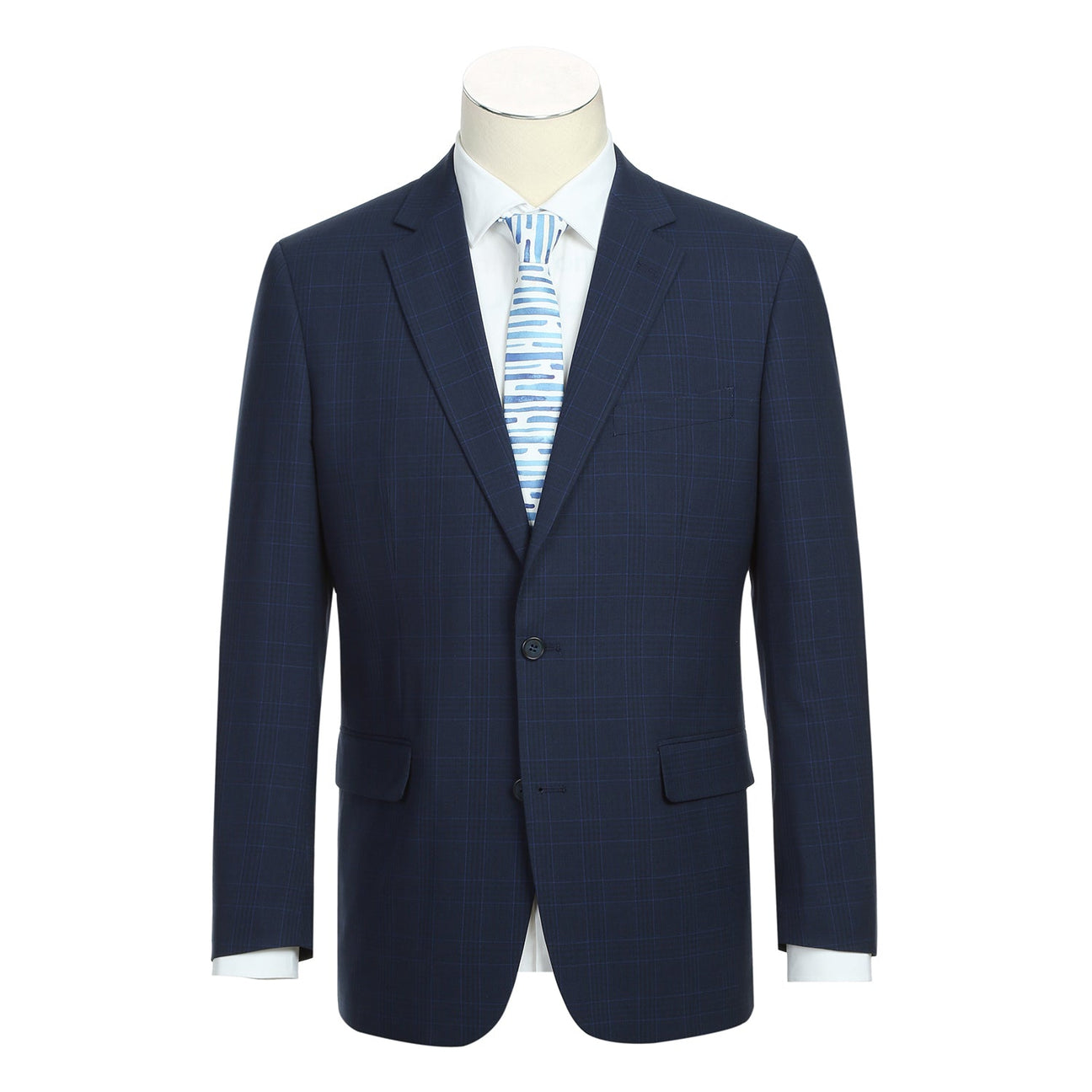The Alessandro Vitello by Renoir Classic Fit Checked Suit in Marine Blue, styled on a mannequin with a white dress shirt and blue striped tie.