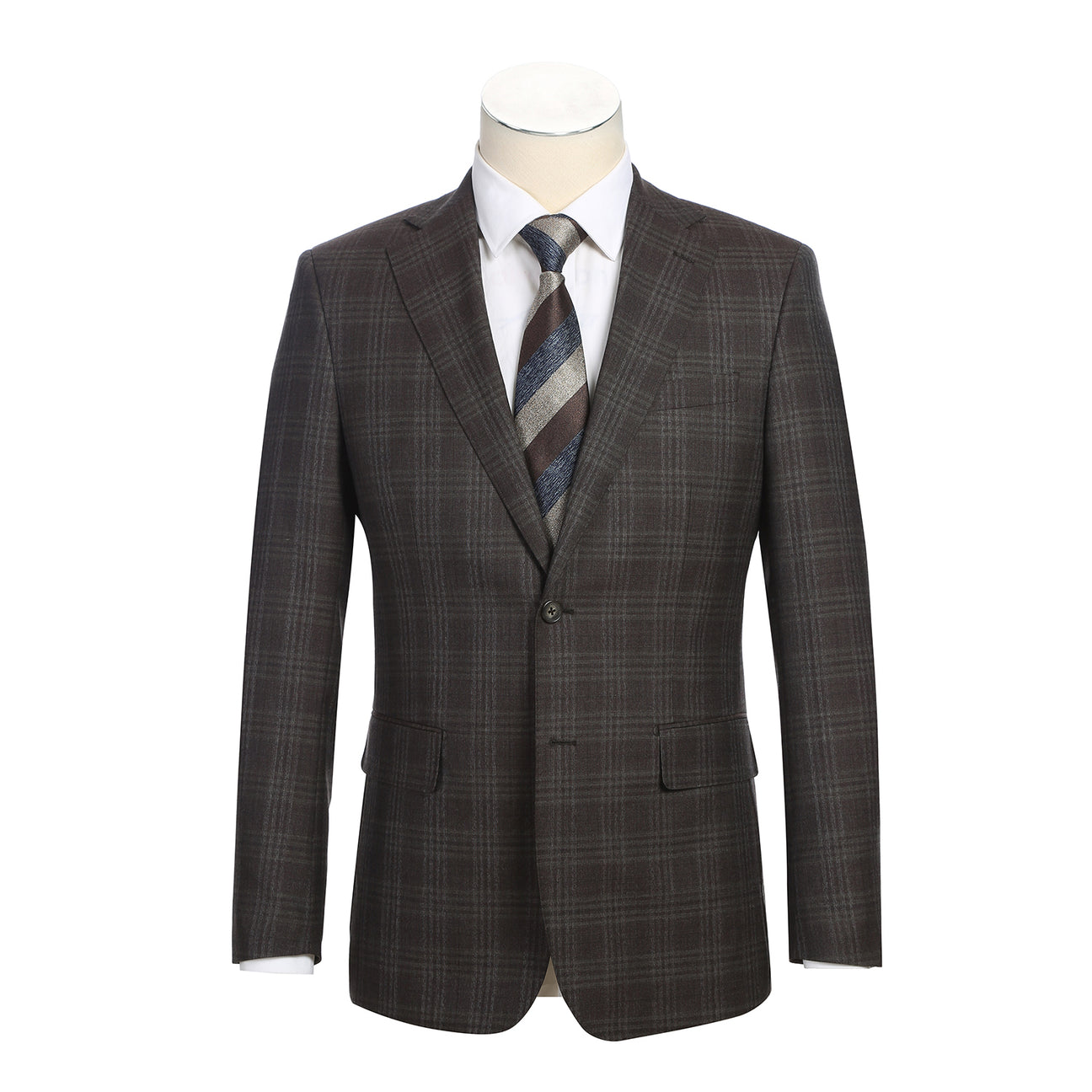 A mannequin showcases the English Laundry ENGLISH LAUNDRY Brown Check Suit EL12-58-555 with notch lapels, paired with a white dress shirt and a blue, brown, and gray striped tie.