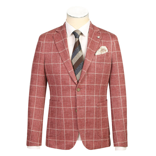 The Pellagio Men's Half Canvas Blazer Crimson PS25-3 features a red plaid, single-breasted design with white windowpane pattern and notched lapel, styled with a white shirt, striped tie, and beige pocket square on a mannequin.