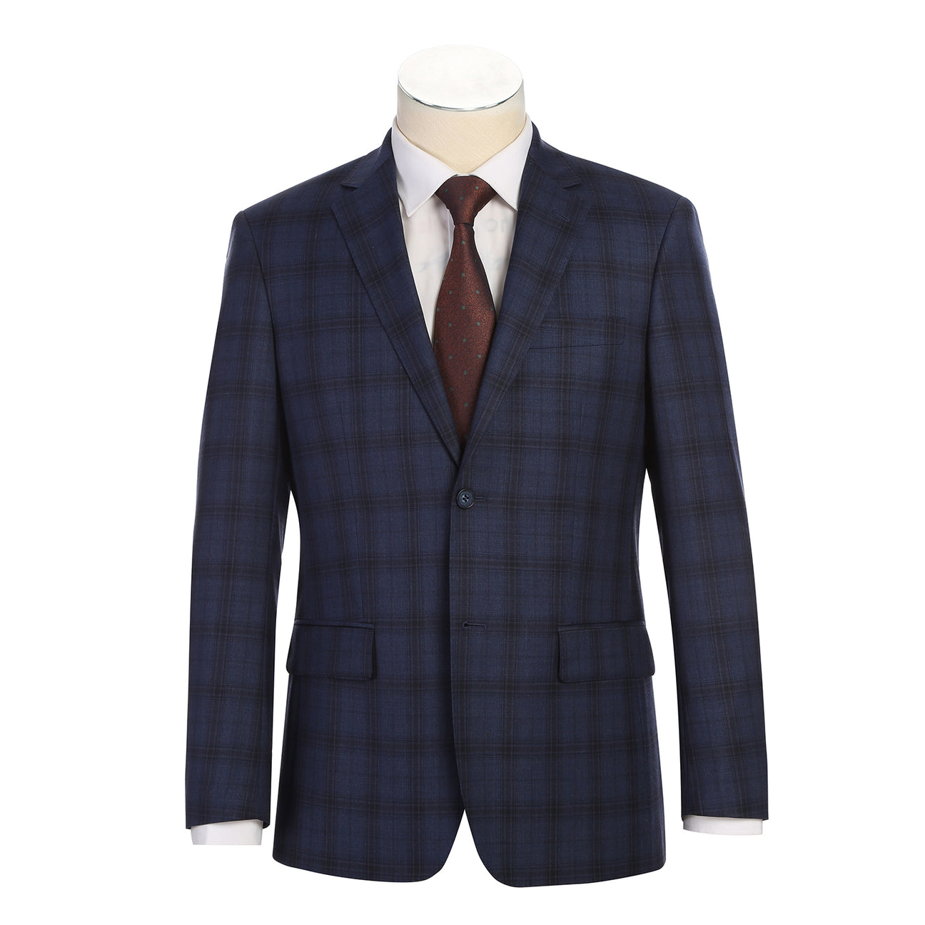 The Renoir Alessandro Vitello New Slim Fit Wool Navy Suit 566-14 is displayed on a mannequin, paired with a white dress shirt and dark patterned tie.