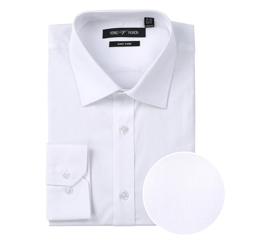 The Renoir VERNO White Classic Fit Long Sleeve Travel Easy-Care Cotton Dress Shirt (CS0220) is neatly folded, with a spread collar and buttoned cuffs, shown beside a circular fabric close-up highlighting its wrinkle resistance.