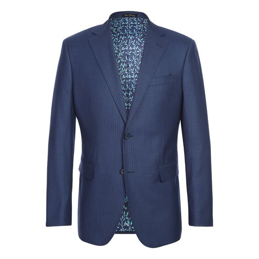 The English Laundry ENGLISH LAUNDRY 2pc Wool Suit Navy EL22-33-411 is a slim fit men's two-button jacket with blue pinstripes, side pockets, and a patterned inner lining, shown on a white background.