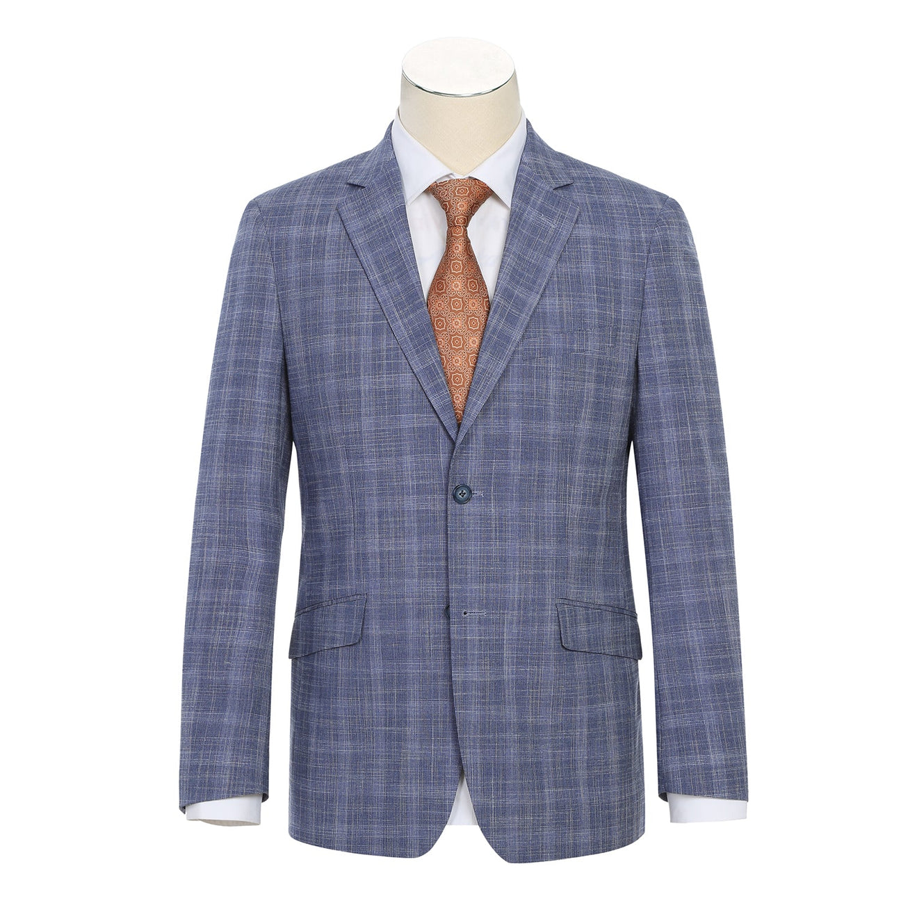 The Alessandro Vitello by Renoir Slim Fit Checked Suit Blue 293-24, featuring a blue plaid notch lapel jacket paired with a white dress shirt and an orange patterned tie, is elegantly displayed on a mannequin. Its polyester rayon blend ensures both comfort and style.